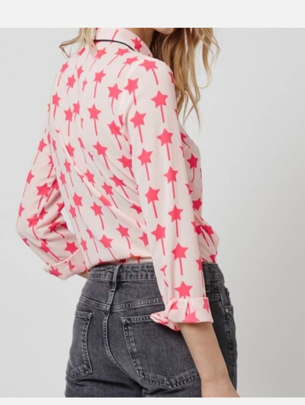 Topshop Cream Blouse Womens 4 Coral Star Print Black Trim Button Down - Picture 4 of 8